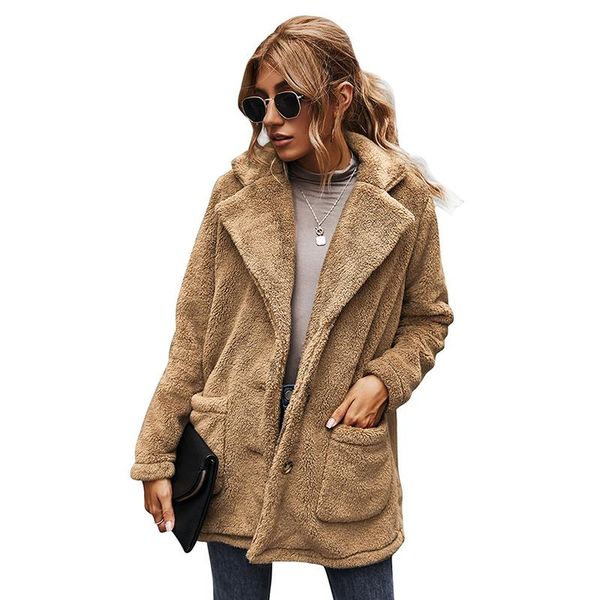 

women's wool & blends 2021 winter plush coat oversized solid long jacket female turn down collar single breasted with pockets casual ou, Black