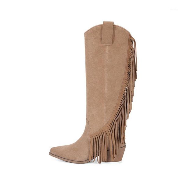 

boots mkkhou fashion knee-high boot women 2021 winter vintage sheep suede middle with pointed tassel 5cm western cowboy1, Black