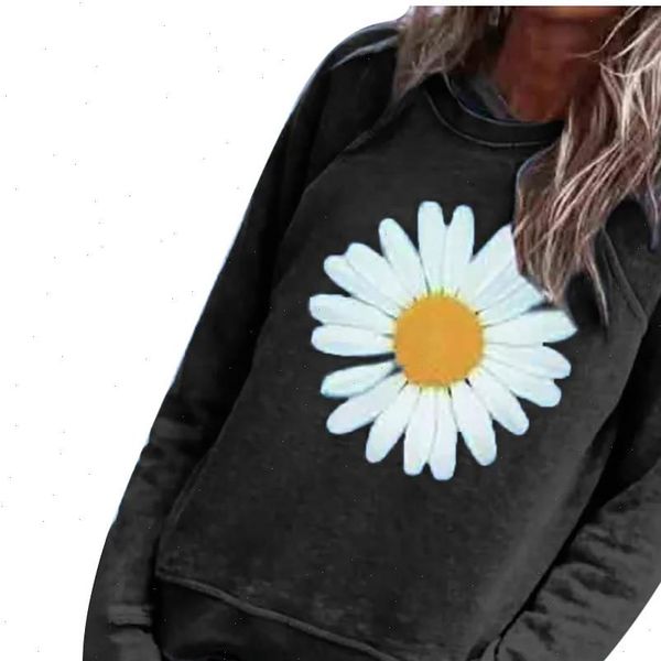 

fashion loose sweatshirt womens cotton round collar small daisy printing long sleeve sweatshirts sunflower printed vintage 40, Black