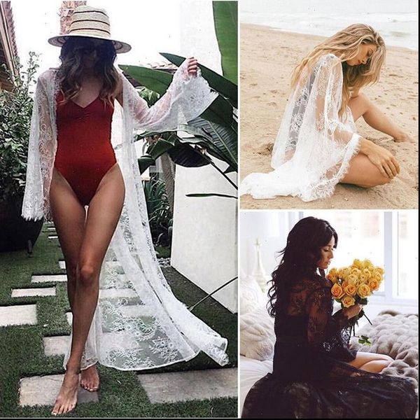 

womens bathing lace see through long sleeve bikini cover up swimwear summer beach dress, Black;gray