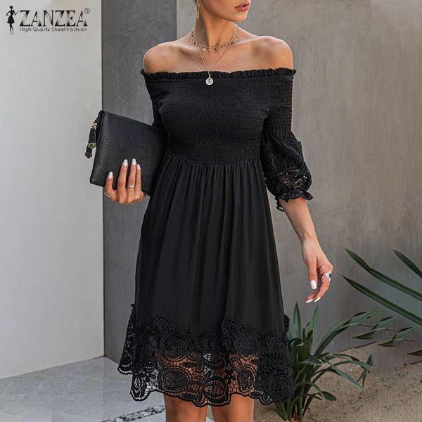 

women party sundress 2021 zanzea summer off shoulder a-line black lace dress female backless midi dresses work vestidos, Black;gray