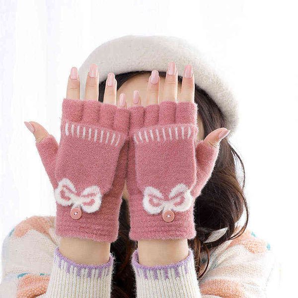

half finger fold knitted woolen glov for women in winter