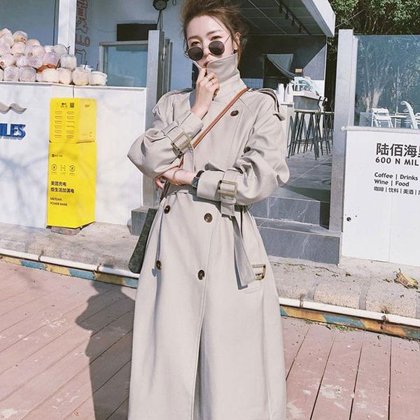 

women's trench coats korean mid-length light khaki dark women coat plus sashes double breasted loose casual elegant autumn windbreaker, Tan;black