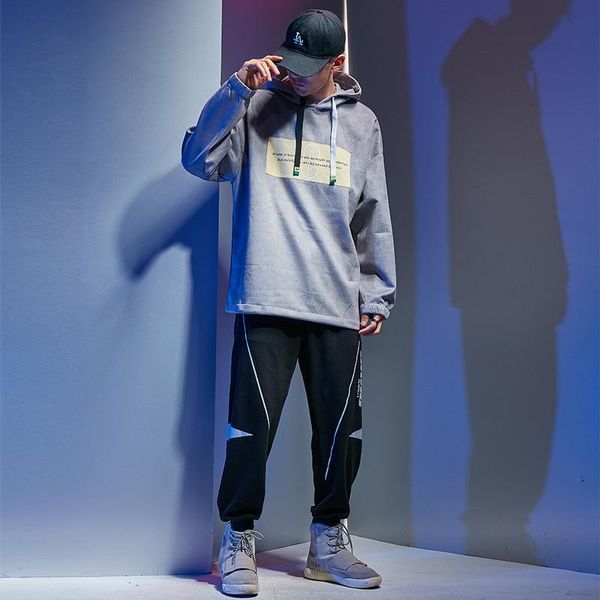 

men's casual tracksuit long sleeve hooded running jogging athletic sports hip hop set patch, Gray