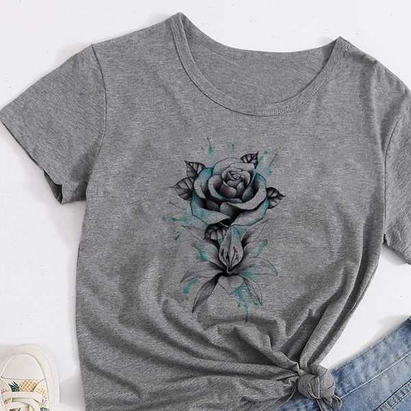 

nimation aesthetic refreshing new t shirt women streetwear minimalism pretty t shirt beautiful blue rose graphic t shirt, White