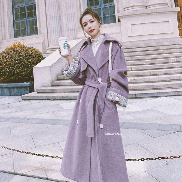 

women's wool & blends 2021 winter belt coat women warm outerwear ladies long trench coats elegant female office lady korean fashion clo, Black