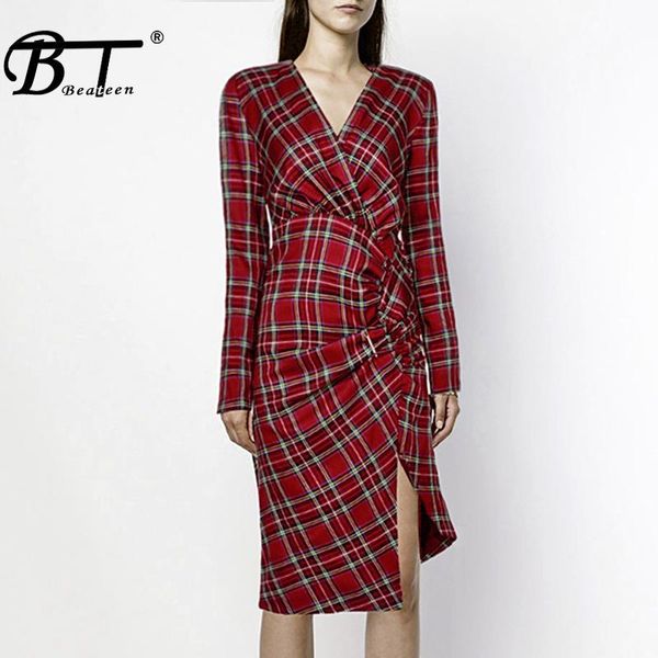 

casual dresses beateen style red plaid long sleeve women knee length dress v-neck office lady 2021 fashion, Black;gray