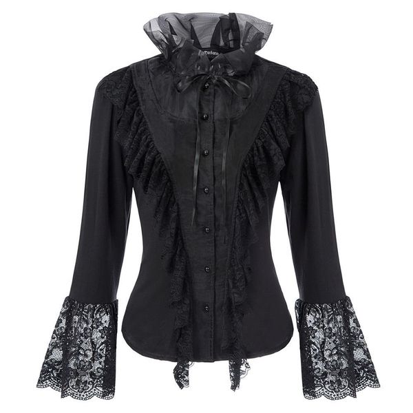 

medieval shirt women ruffles lace shirt regular long flare sleeve stand collar lace up gothic retro elegant steampunk blouse lady, White