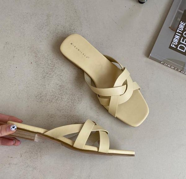 

slippers square toe summer women sandals fashion cross-strap pu leather female durable woman slides shoes, Black