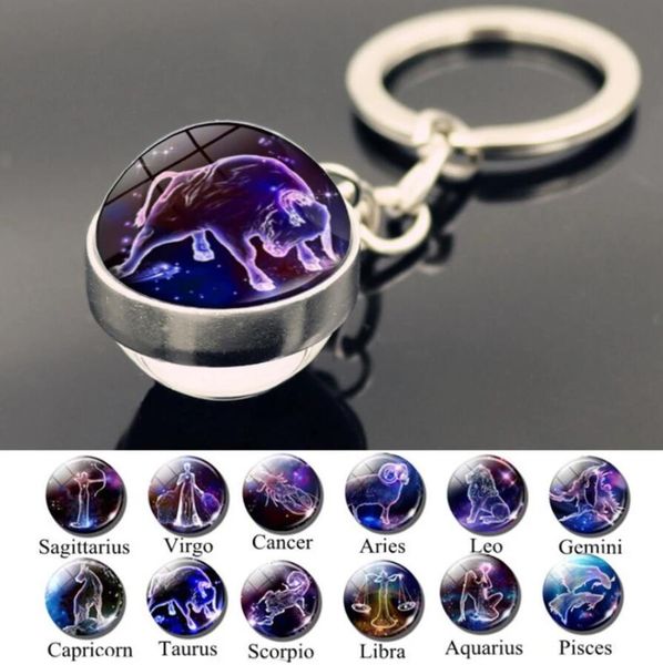 

12 constellation keychain fashion double side cabochon glass ball keychain zodiac signs jewelry for men for women birthday gift, Silver