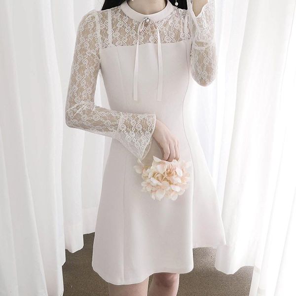 

casual dresses 2021 autumn elegant lace long sleeve patchwork o neck women dress korean high waist female vintage vestidos, Black;gray