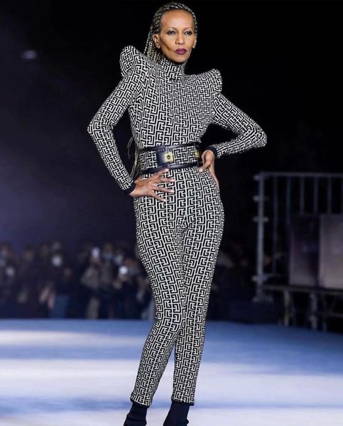 

women's jumpsuits & rompers 2021 celebrity designer fashion women bandage jumpsuit autumn black full sleeve party bodycon, Black;white