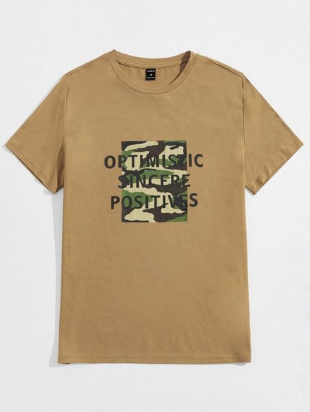 

men slogan & camo print round neck tee y6mr#, White;black