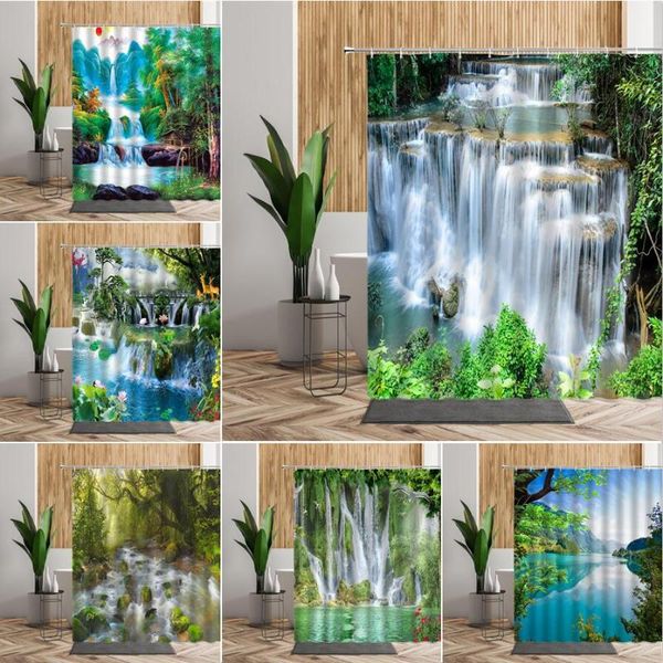 

shower curtains waterfall forest landscape green tree bathroom curtain fabric summer natural scenery home decor bath decoration