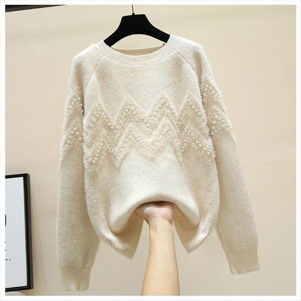 

fashion pearls beading women pullovers sweater autumn winter sweet heart pull knitted jumpers female long sleeve loose knitwear, White;black