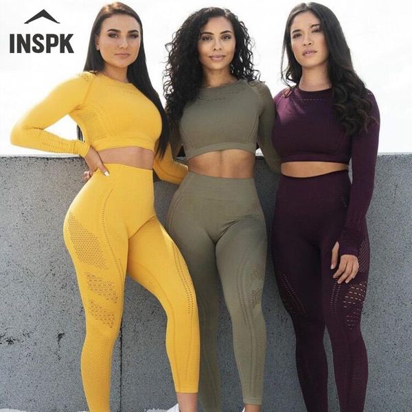 

yoga outfits women's tracksuits,long sleeve sportswear fitness cropped high waist energy ,elastic 2-piece sports set, White;red