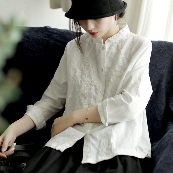 

johnature casual women blouses embroidery shirt vintage 2021 new clothes full sleeve solid color stand collar button women, White