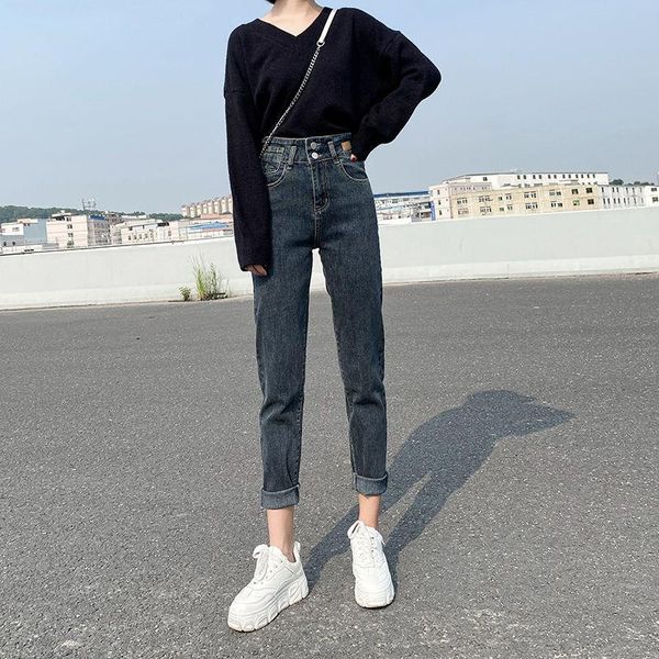 

women's jeans woman pants harem straight loose high waist autumn winter, Blue