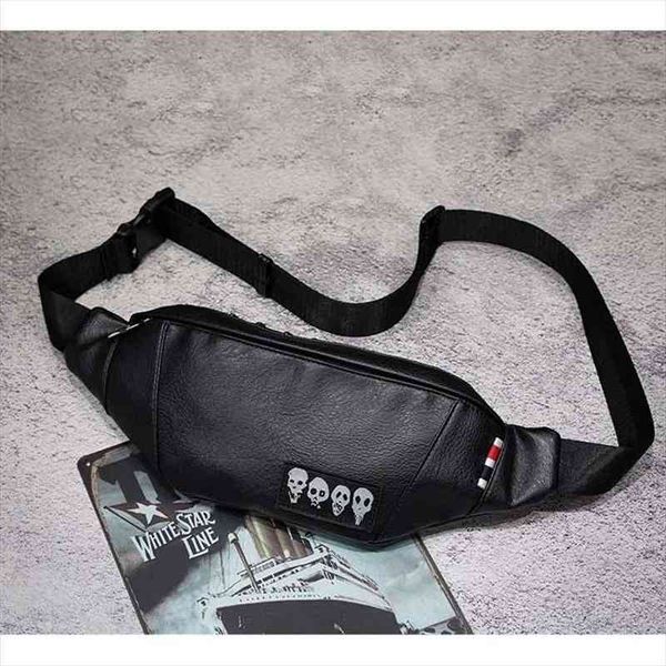 

mens skull waist brand bag fanny pack cowhide chest men black belt banana bags kidney shoulder