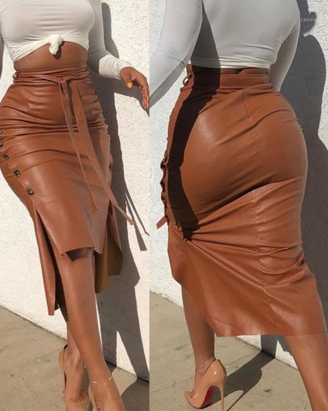 

skirts women's faux leather midi skirt high waist lace up button trim solid color slit bodycon pencil with belt 2021 fashion, Black