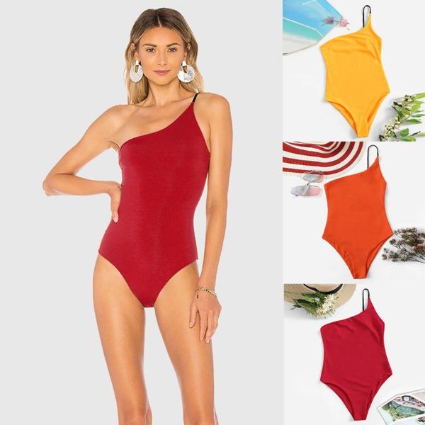 

2021 fashion womens bikini ladies one-piece solid color one-shoulder swimsuit push-up pad swimwear swimsuit beachwear