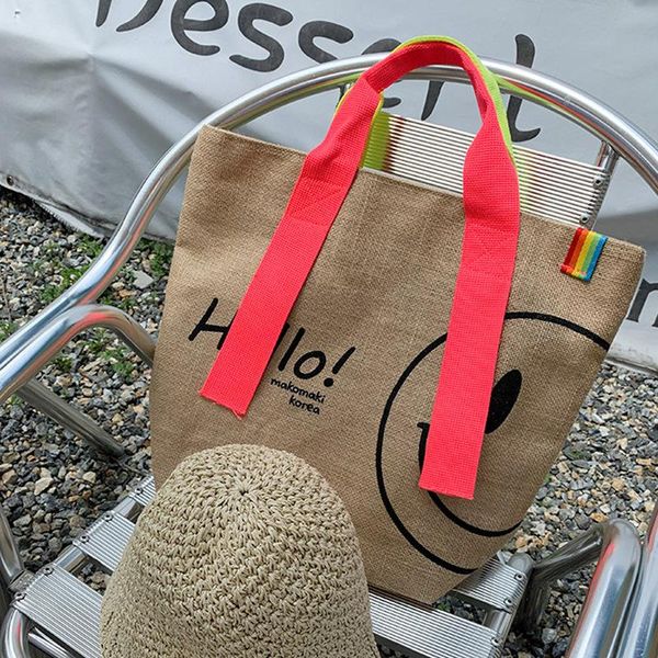 

evening bags cotton linen cute smile tote bag ins chic big capacity women's handbag bohemian summer beach shouler travel shopping
