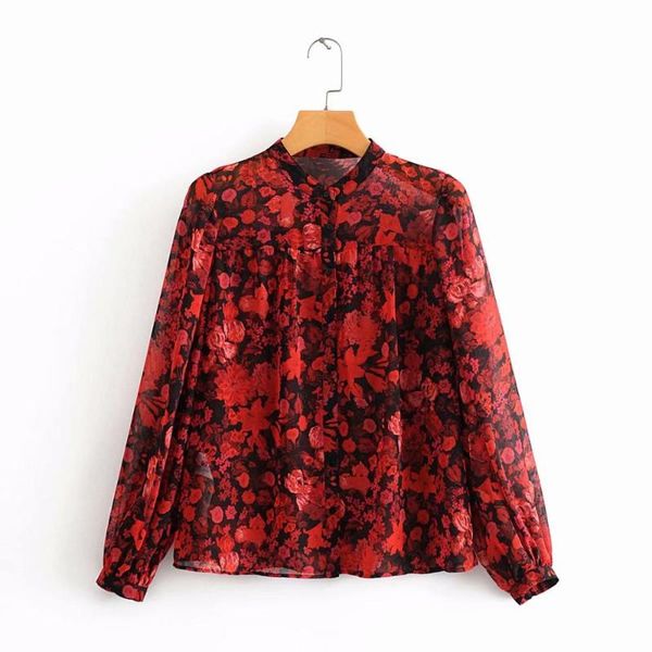 

women's blouses & shirts women fashion floral printing casual smock stand collar red chiffon roupas femininas pleats ls6326, White