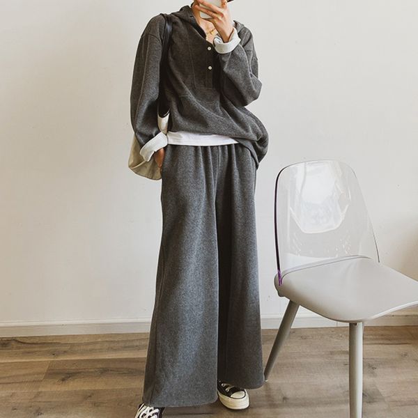 

2021 new fashion casual women two piece set solid pullovers hoodie wide leg suit autumn gray simple cotton sets outfit 45om