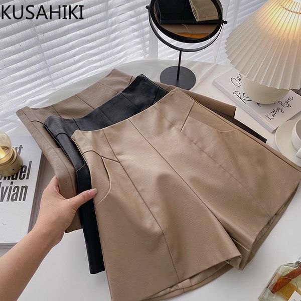 

women's shorts kusahiki pu women elegant high waisted bottoms korean 2021 autumn leather wide leg short feminimos 6l537, White;black