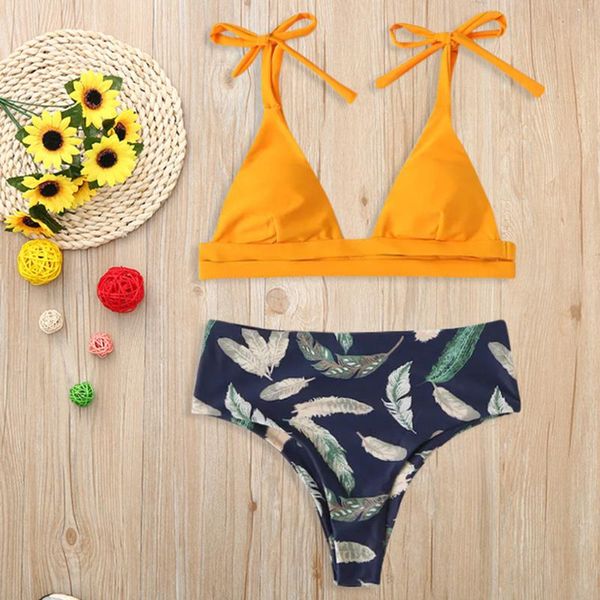 

bras sets women bandage female bathing suit feather printed high waist padded bra trajes de bano mujer 2021, Red;black