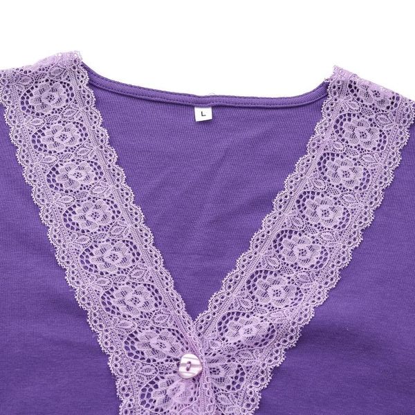

women's t-shirt women lace patchwork crop autumn long sleeve v-neck single-breasted cardigan solid color elasticity fabric, White