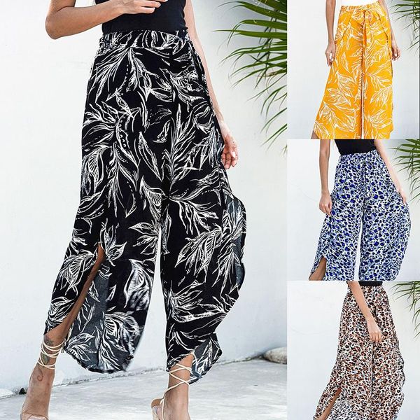 

women's pants & capris summer boho printed wide leg female 2021 arrival fashion casual loose beach lace up high waist sun protection tr, Black;white