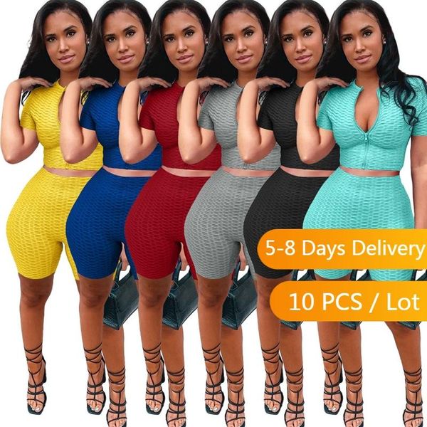 

women's tracksuits bulk items wholesale lots sports ribbed tracksuit women summer crop biker shorts set workout sportwear bodycon match, Gray