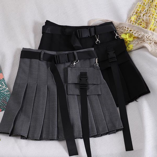 

skirts harajuku a-line pockets pleated gray black above knee lace up female high waist punk style overalls skirt belt