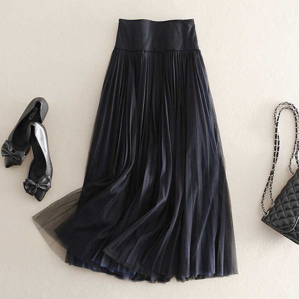 

layer mesh three pleated skirt autumn high waist mid length a-line swing, Black