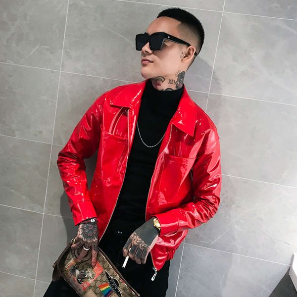 

spring and autumn men's solid jacket bright face motorcycle social guy lapel leather coatwinter, Black;brown