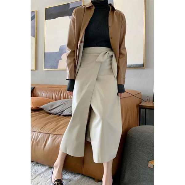

skirts nanushka autumn and winter imported protein leather high waist split ears wrap a-line skirt, Black