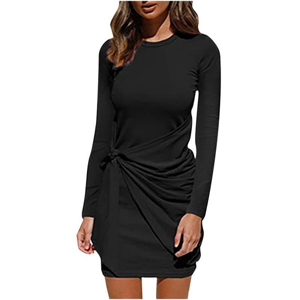 

casual dresses autumn midi dress fashion woman o-neck long sleeve solid loose bandage bodycon vestidos, Black;gray