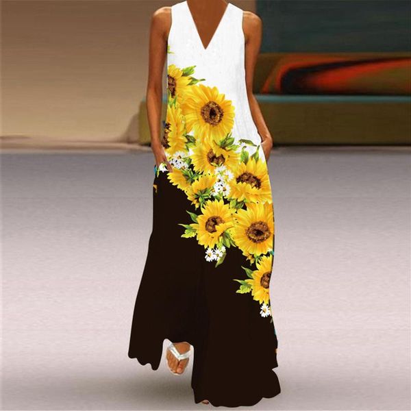 

casual dresses kancoold women sleeveless sunflower print v-neck maxi dress 2021 summer party cami with pockets vestidos, Black;gray