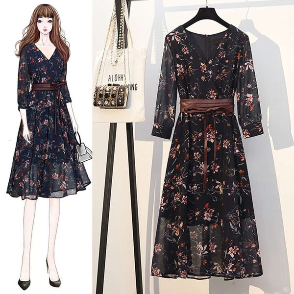 

2020 new spring dress fat sister foreign style large size women's dress show thin cover meat reduce age super fairy long dress fashion, Black;gray