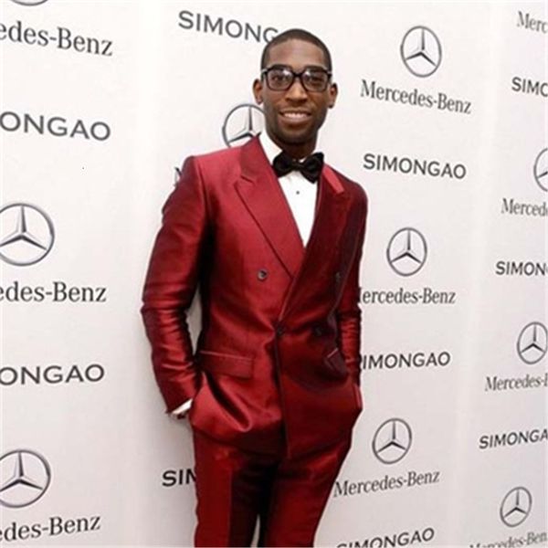 

men's suits & blazers red wine double breasted suit two parts (jacket + pants bow) slim fit smoking for wedding clothes from the prom f, White;black