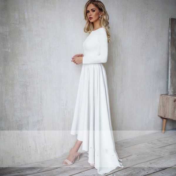 

chic boho country wedding dresses simple satin open back high low bridal a-line wedding dress long sleeves gowns vestidos de novia 2021, White