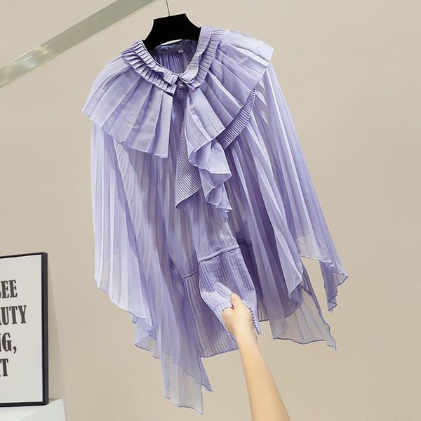 

women's blouses & shirts ruffled v-neck shirt for women 2021 summer fall mid-length batwing sleeve womans pleated blouse fashion loose, White