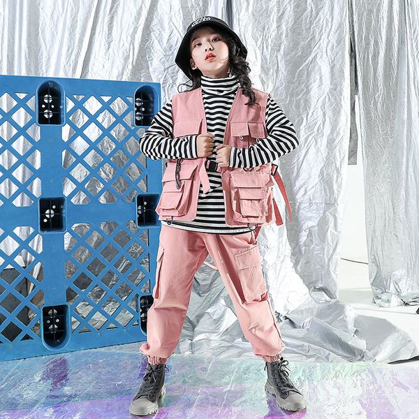 

pink touch vest boy fashion upper coat informal hip-hop pants striped clothes girl shirt dance clothes, Black;red