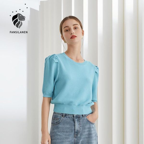 

women's t-shirt fansilanen office lady knitwear thin puff sleeve women summer short round neck blue yellow shirts for, White