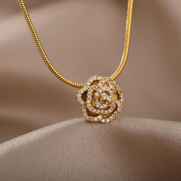 

chokers luxury zircon rose flower necklace for women gold floral choker necklaces collar chain vintage female jewelry bijoux gift, Golden;silver