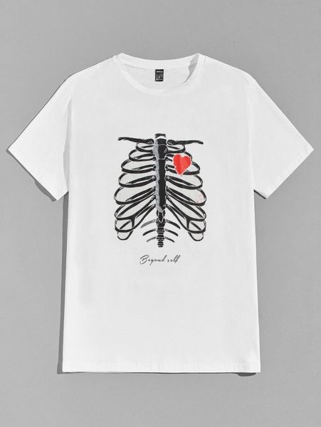 

men heart & skeleton print tee q9m3#, White;black