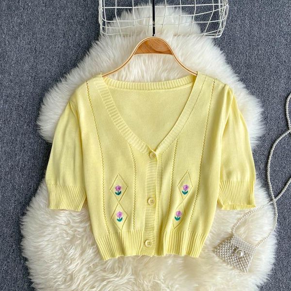 

women's knits & tees singrein women embroidery knitted cardigan short sleeve v neck single breasted slim summer korean streetwear outer, White