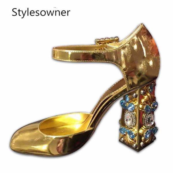 

stylesowner rhinestone chunky heels sandals women jeweled high heels pumps buckle gold silver mirror party shoes zapatos mujer, Black