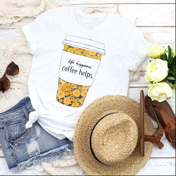 

women graphic sunflower coffee floral cartoon casual 90s girl tees print t shirt clothing female shirt womens t shirt, White